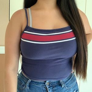 Navy Blue Crop Top With Red and White Details